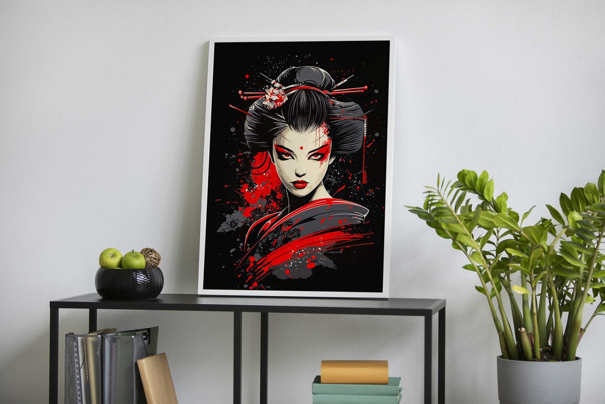 Geisha with Red Splashes Asian Style Poster | Wall Art for Home & Office | High-Quality Print - High-Quality Visual Display