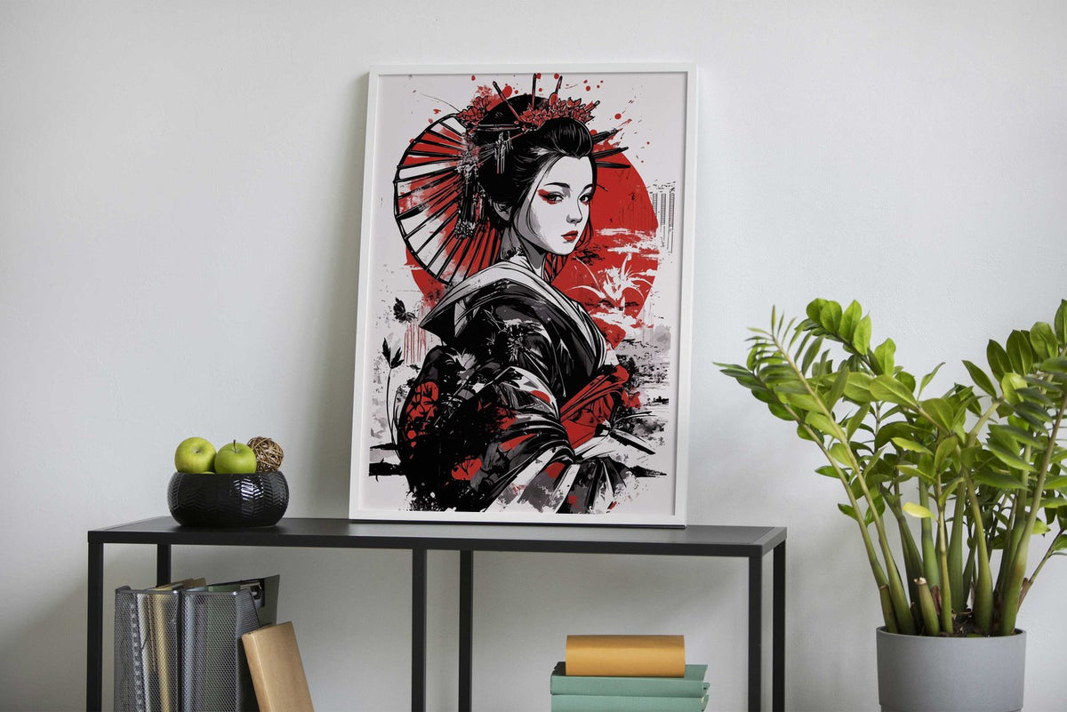Geisha with Red Sun Asian Style Poster | Wall Art for Home & Office | High-Quality Print - High-Quality Visual Display