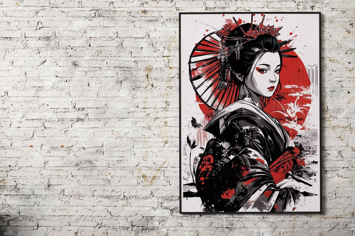 Geisha with Red Sun Asian Style Poster | Wall Art for Home & Office | High-Quality Print - High-Quality Visual Display