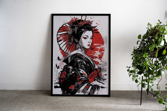 Geisha with Red Sun Asian Style Poster | Wall Art for Home & Office | High-Quality Print - High-Quality Visual Display
