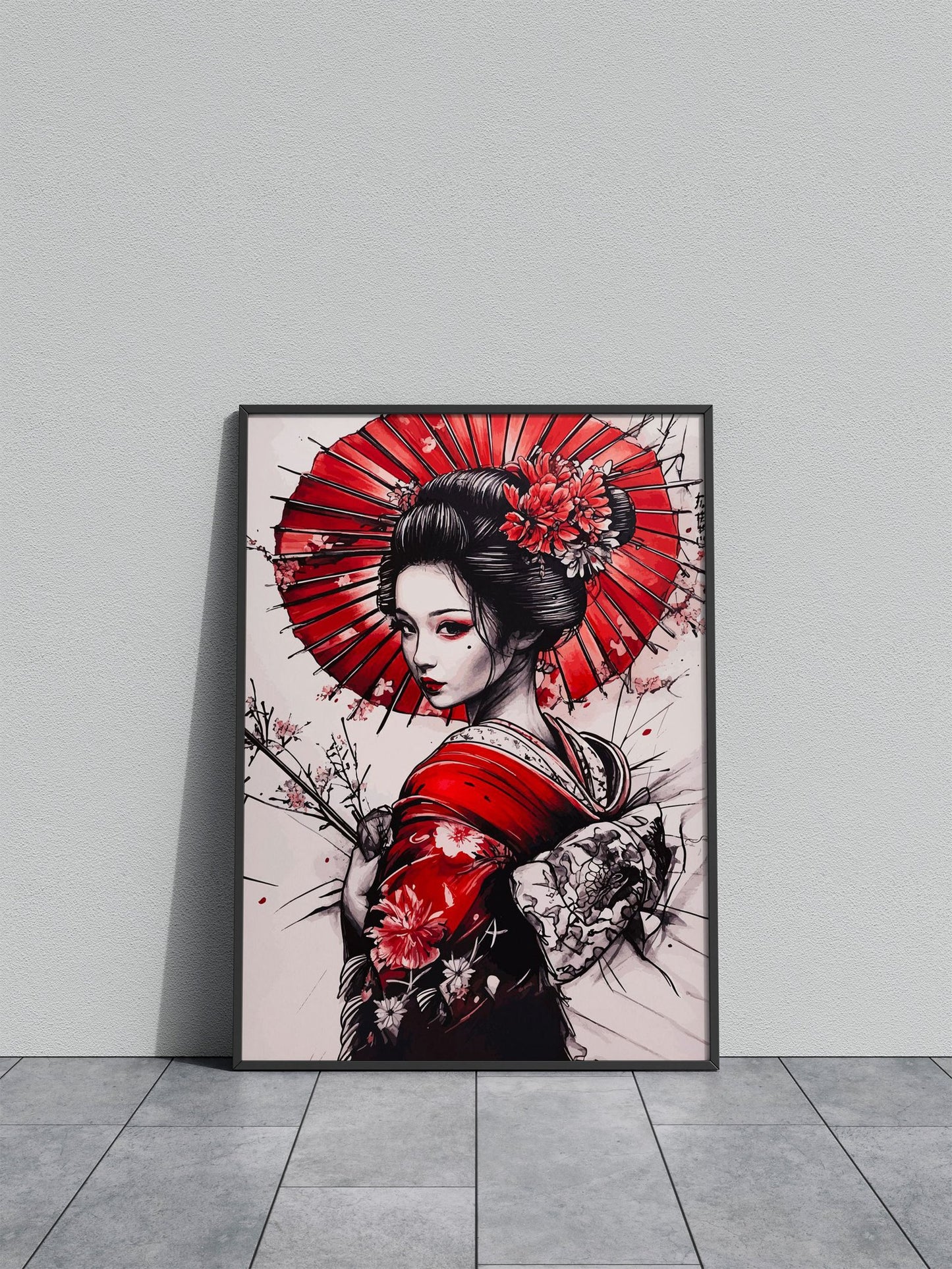 Geisha with Red Umbrella Asian Style Poster | Wall Art for Home & Office | High-Quality Print - High-Quality Visual Display