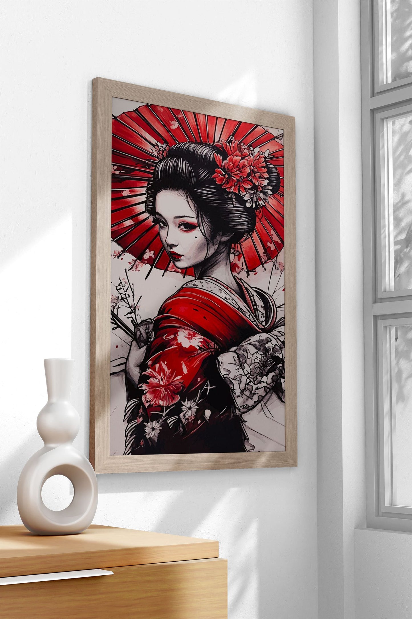 Geisha with Red Umbrella Asian Style Poster | Wall Art for Home & Office | High-Quality Print - High-Quality Visual Display