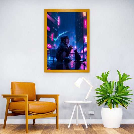 Girl Cat Rain Cyberpunk Asian Style Poster | Wall Art for Home & Office | High-Quality Print - High-Quality Visual Display