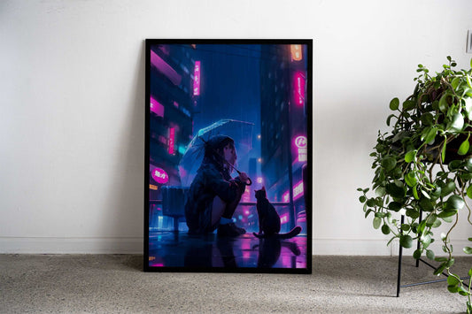 Girl Cat Rain Cyberpunk Asian Style Poster | Wall Art for Home & Office | High-Quality Print - High-Quality Visual Display