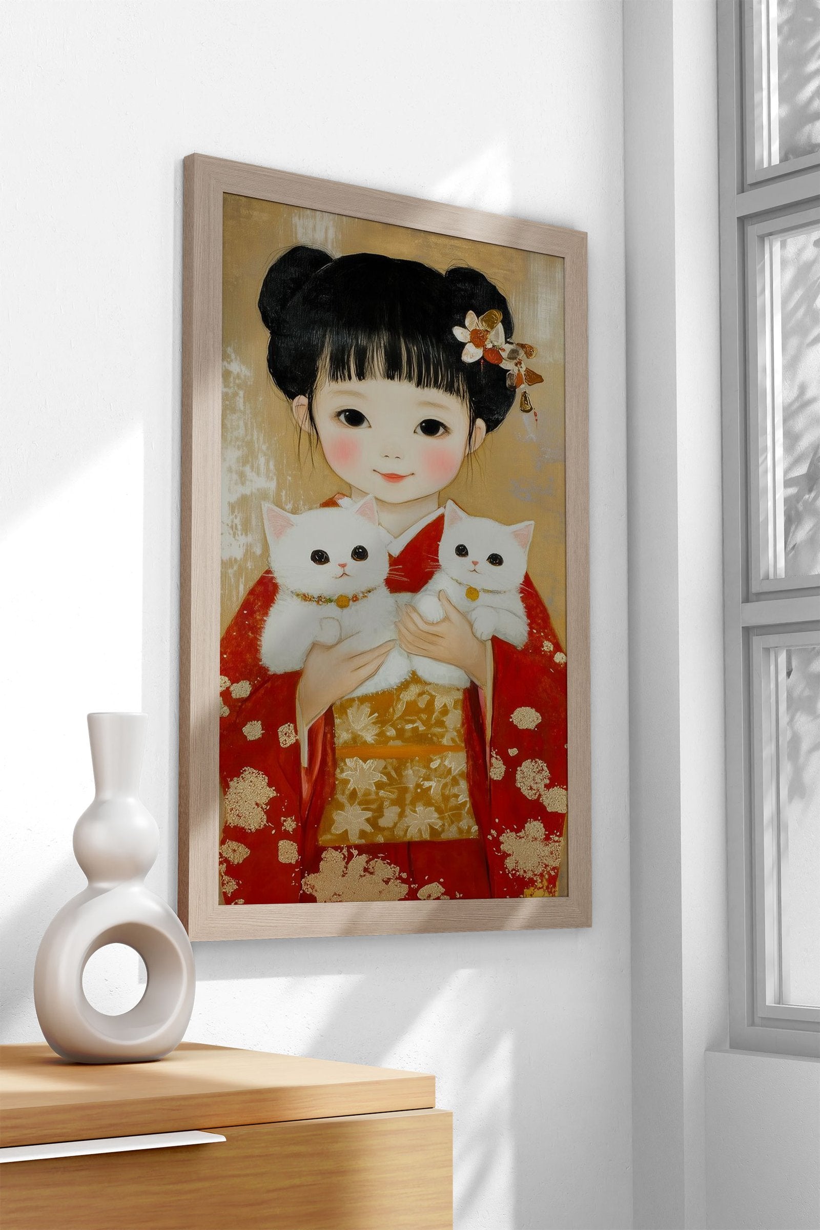 Girl in Kimono with Cats Asian Style Poster | Wall Art for Home & Office | High-Quality Print - High-Quality Visual Display