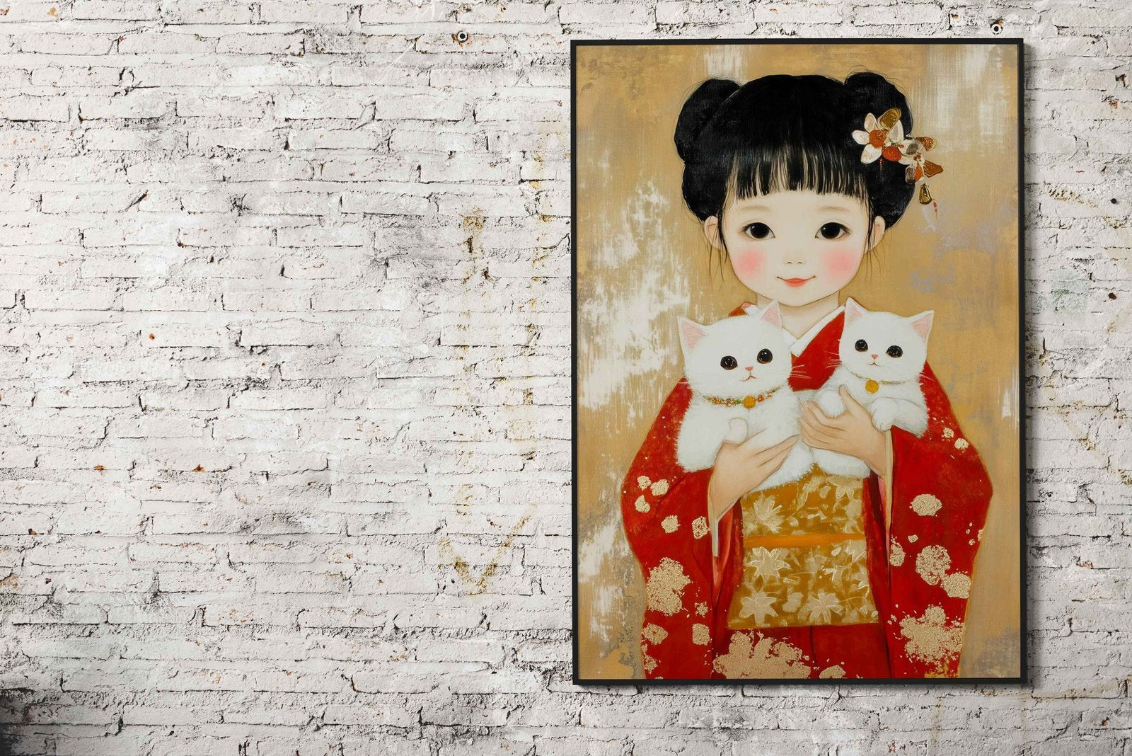 Girl in Kimono with Cats Asian Style Poster | Wall Art for Home & Office | High-Quality Print - High-Quality Visual Display
