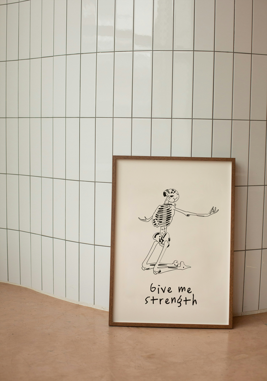 Give Me Strength | Skeleton | Black and Cream | Art Print - High-Quality Premium Wall Art Decor Sticker