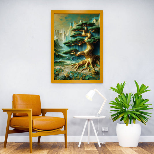 Golden Bonsai Tree Abstract Landscape Asian Style Poster | Wall Art for Home & Office | High-Quality Print - High-Quality Visual Display