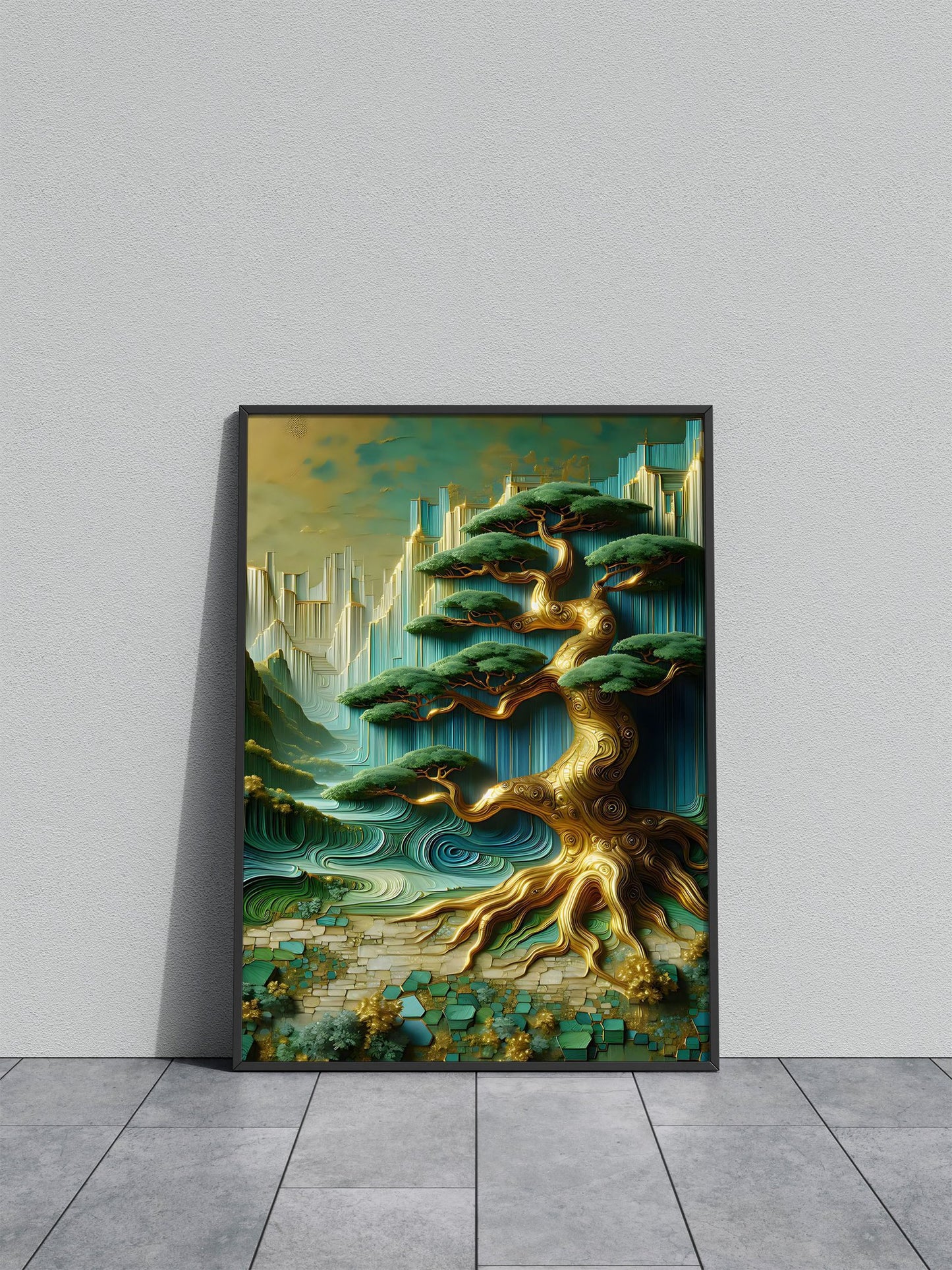Golden Bonsai Tree Abstract Landscape Asian Style Poster | Wall Art for Home & Office | High-Quality Print