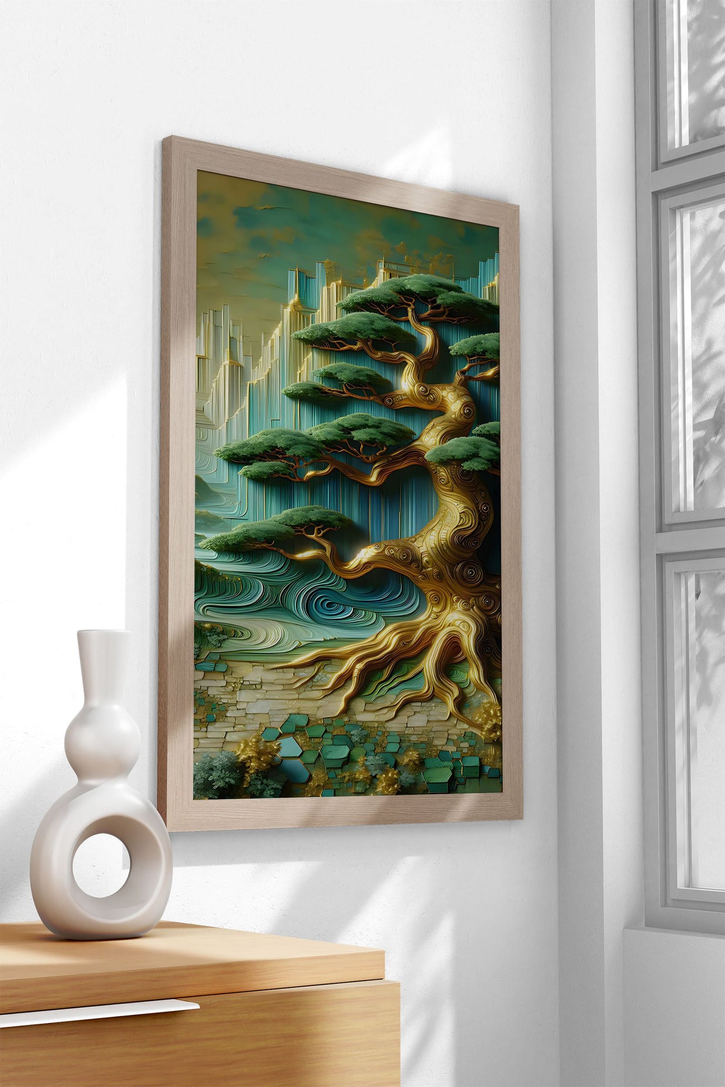 Golden Bonsai Tree Abstract Landscape Asian Style Poster | Wall Art for Home & Office | High-Quality Print