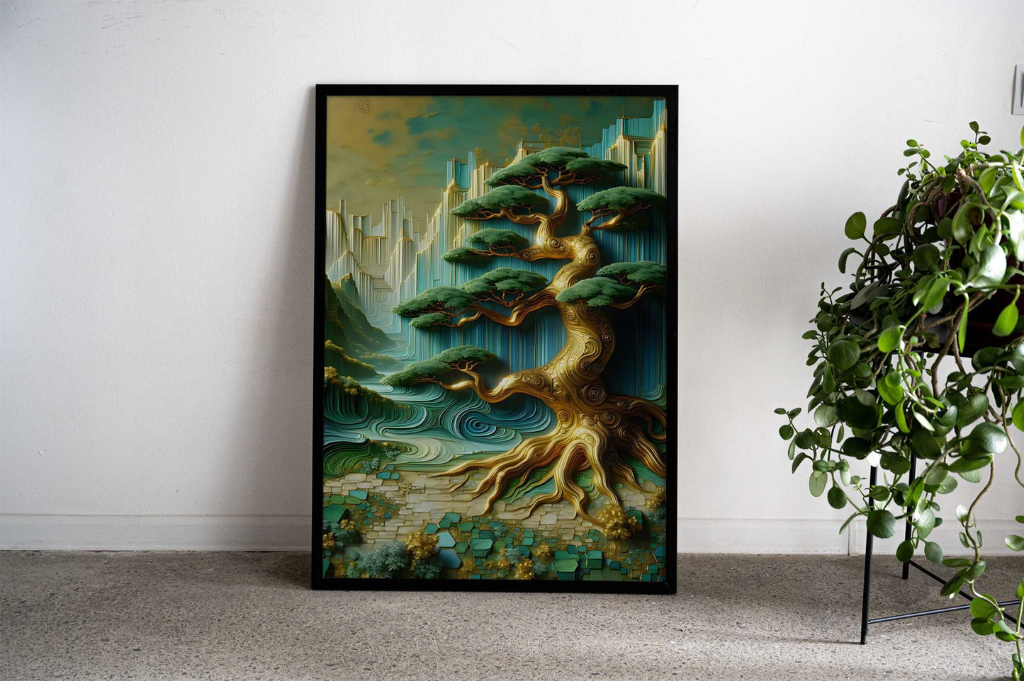 Golden Bonsai Tree Abstract Landscape Asian Style Poster | Wall Art for Home & Office | High-Quality Print