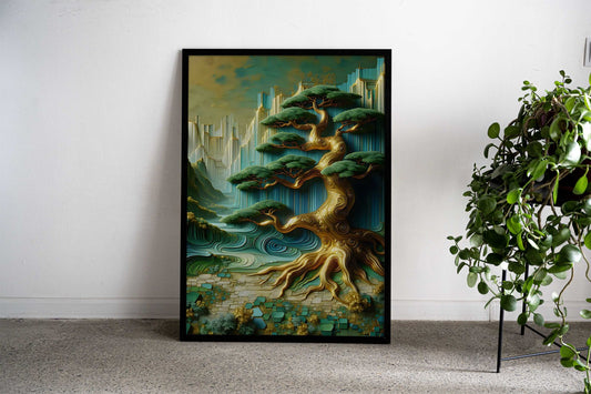 Golden Bonsai Tree Abstract Landscape Asian Style Poster | Wall Art for Home & Office | High-Quality Print - High-Quality Visual Display