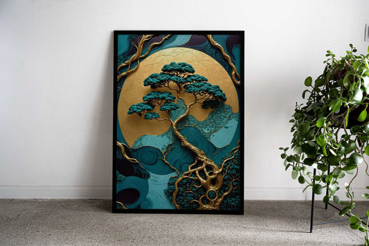 Golden Bonsai Tree Art Asian Style Poster | Wall Art for Home & Office | High-Quality Print - High-Quality Visual Display