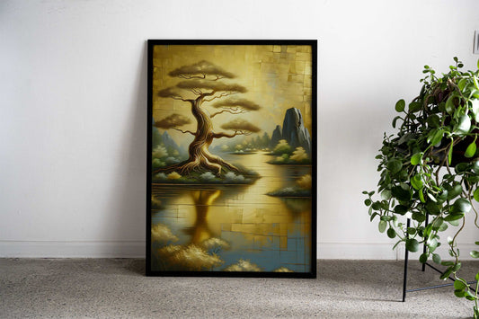 Golden Bonsai Tree Asian Style Poster | Wall Art for Home & Office | High-Quality Print - High-Quality Visual Display