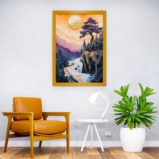 Golden Bonsai Waterfall Landscape textured Asian Style Poster | Wall Art for Home & Office | High-Quality Print - High-Quality Visual Display