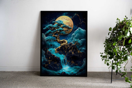 Golden Bonsai Waterfall Asian Style Poster | Wall Art for Home & Office | High-Quality Print - High-Quality Visual Display
