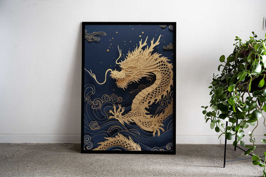 Golden Dragon of the Waves Asian Style Poster | Wall Art for Home & Office | High-Quality Print - High-Quality Visual Display