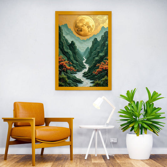 Golden Moon Over Mountains Kintsugi Landscape Asian Style Poster | Wall Art for Home & Office | High-Quality Print - High-Quality Visual Display