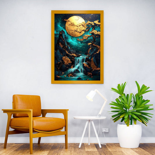 Golden Moon Waterfall Asian Style Poster | Wall Art for Home & Office | High-Quality Print - High-Quality Visual Display