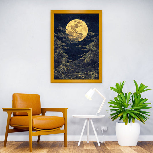 Golden Moon and Waves Asian Style Poster | Wall Art for Home & Office | High-Quality Print - High-Quality Visual Display