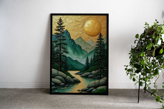 Golden Mountain River Japanese Kintsugi Landscape Asian Style Poster | Wall Art for Home & Office | High-Quality Print - High-Quality Visual Display