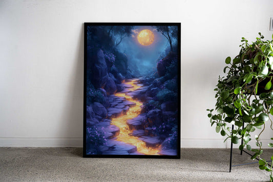 Golden River in Moonlit Valley Asian Style Poster | Wall Art for Home & Office | High-Quality Print - High-Quality Visual Display