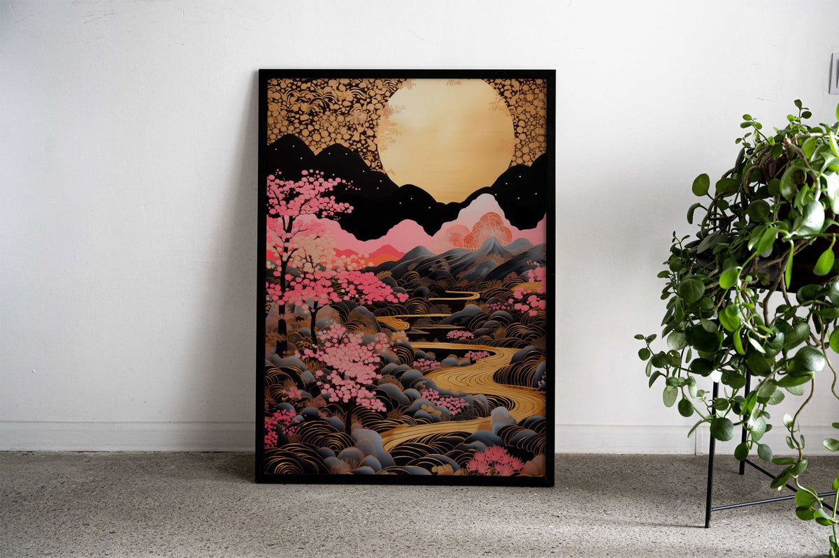 Golden Sakura River Asian Style Poster | Wall Art for Home & Office | High-Quality Print - High-Quality Visual Display