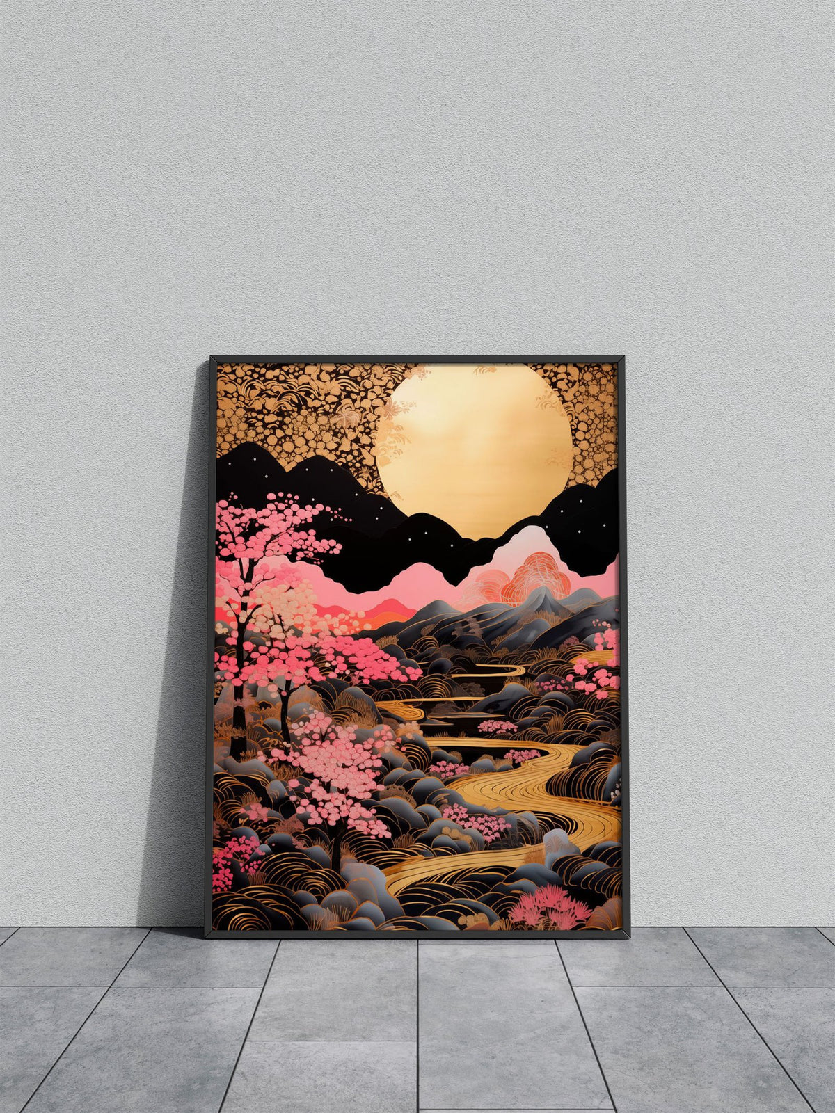 Golden Sakura River Asian Style Poster | Wall Art for Home & Office | High-Quality Print - High-Quality Visual Display