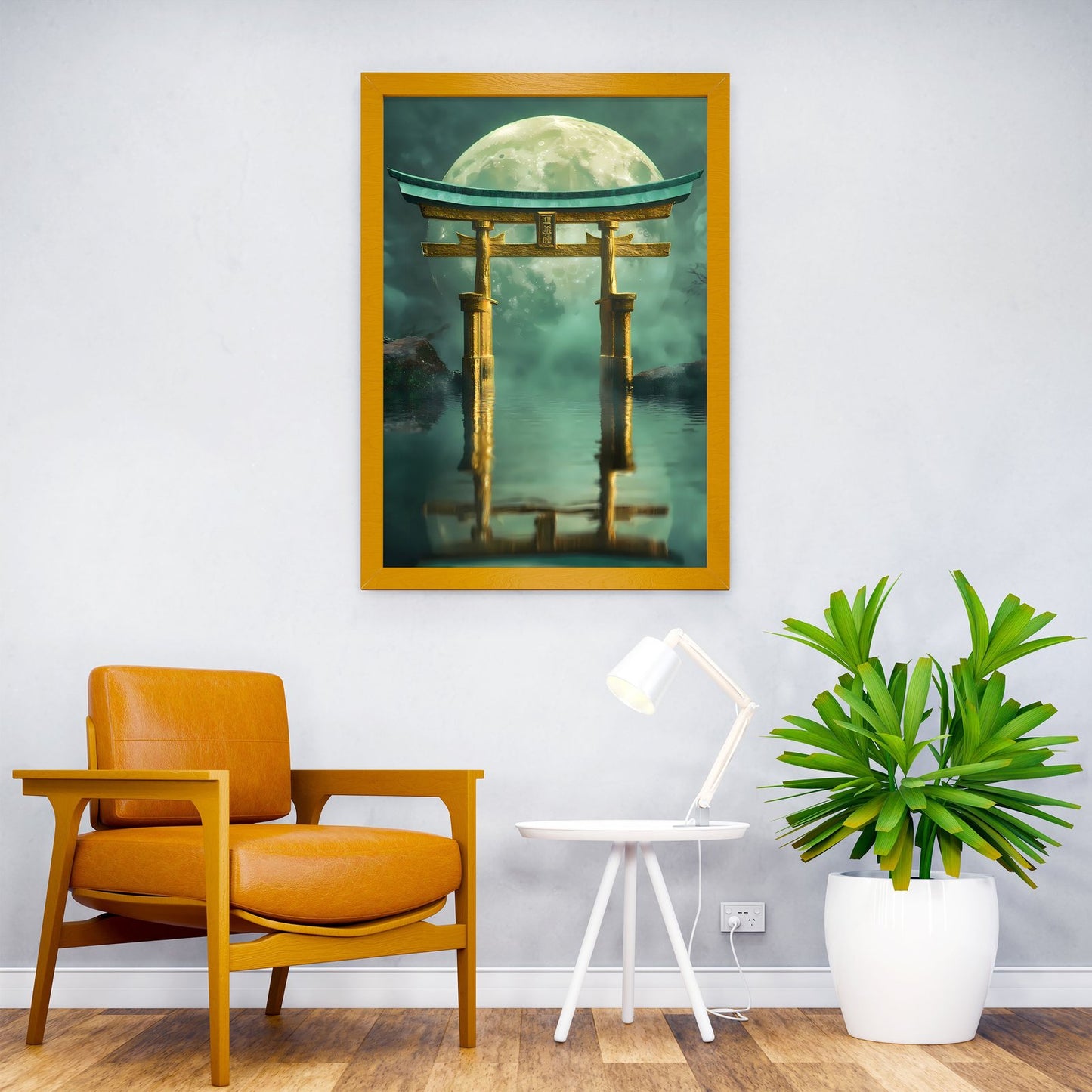 Golden Torii Gate Under Moon Asian Style Poster | Wall Art for Home & Office | High-Quality Print