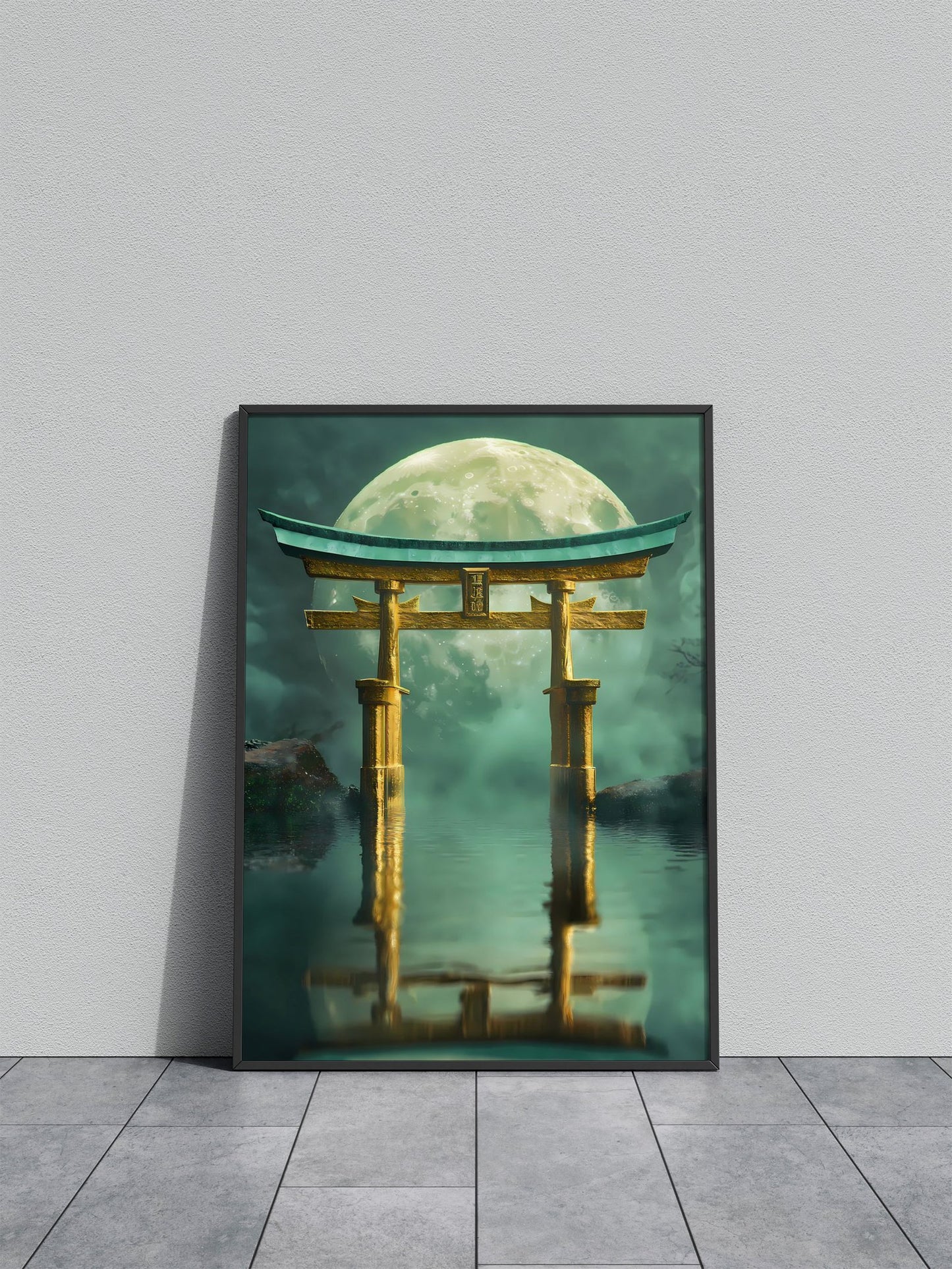 Golden Torii Gate Under Moon Asian Style Poster | Wall Art for Home & Office | High-Quality Print