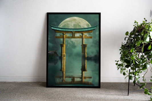 Golden Torii Gate Under Moon Asian Style Poster | Wall Art for Home & Office | High-Quality Print - High-Quality Visual Display