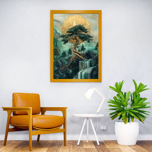 Golden Tree Bonsai and Waterfall Zamrud Textured Asian Style Poster | Wall Art for Home & Office | High-Quality Print - High-Quality Visual Display