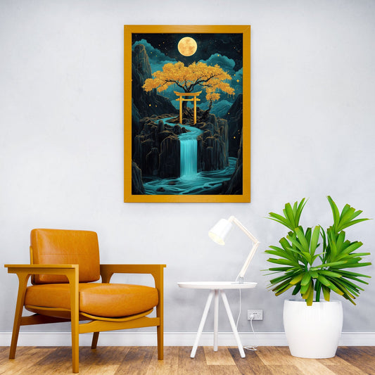 Golden Tree and Waterfall to the Moon Asian Style Poster | Wall Art for Home & Office | High-Quality Print - High-Quality Visual Display