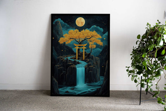 Golden Tree and Waterfall to the Moon Asian Style Poster | Wall Art for Home & Office | High-Quality Print - High-Quality Visual Display