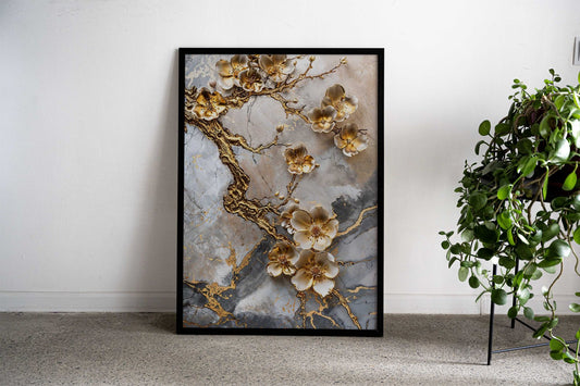 Golden Vein Sakura Branch Asian Style Poster | Wall Art for Home & Office | High-Quality Print - High-Quality Visual Display