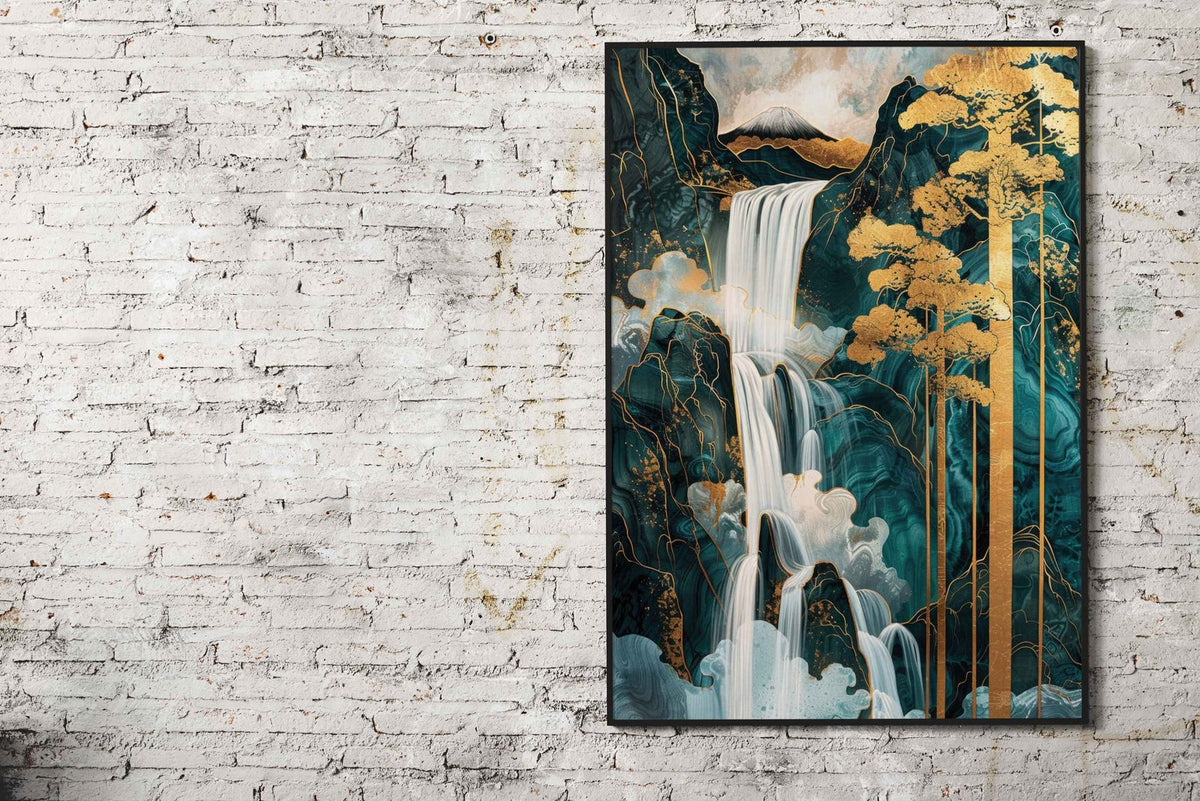 Golden Waterfall Kintsugi Landscape Poster | Asian Style Wall Art ...