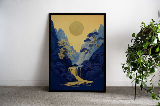 Golden Waterfall Landscape Asian Style Poster | Wall Art for Home & Office | High-Quality Print - High-Quality Visual Display