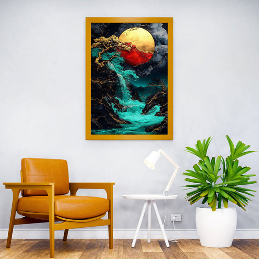 Golden Waterfall Moon Asian Style Poster | Wall Art for Home & Office | High-Quality Print - High-Quality Visual Display