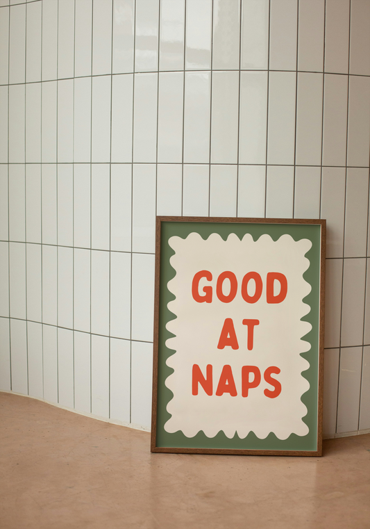 Good At Naps | Red and Olive Green | Art Print - High-Quality Premium Wall Art Decor Sticker