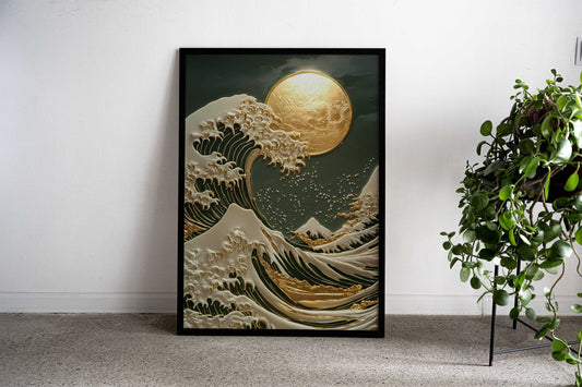 Great Wave Kanagawa Moon Japanese 3D Art Asian Style Poster | Wall Art for Home & Office | High-Quality Print - High-Quality Visual Display