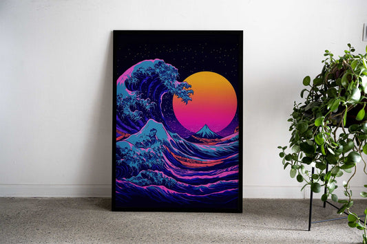 Great Wave Neon Art Asian Style Poster | Wall Art for Home & Office | High-Quality Print - High-Quality Visual Display