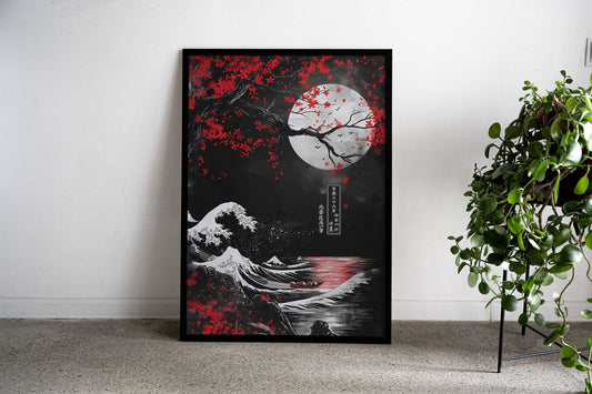 Great wave off Red moon Asian Style Poster | Wall Art for Home & Office | High-Quality Print - High-Quality Visual Display