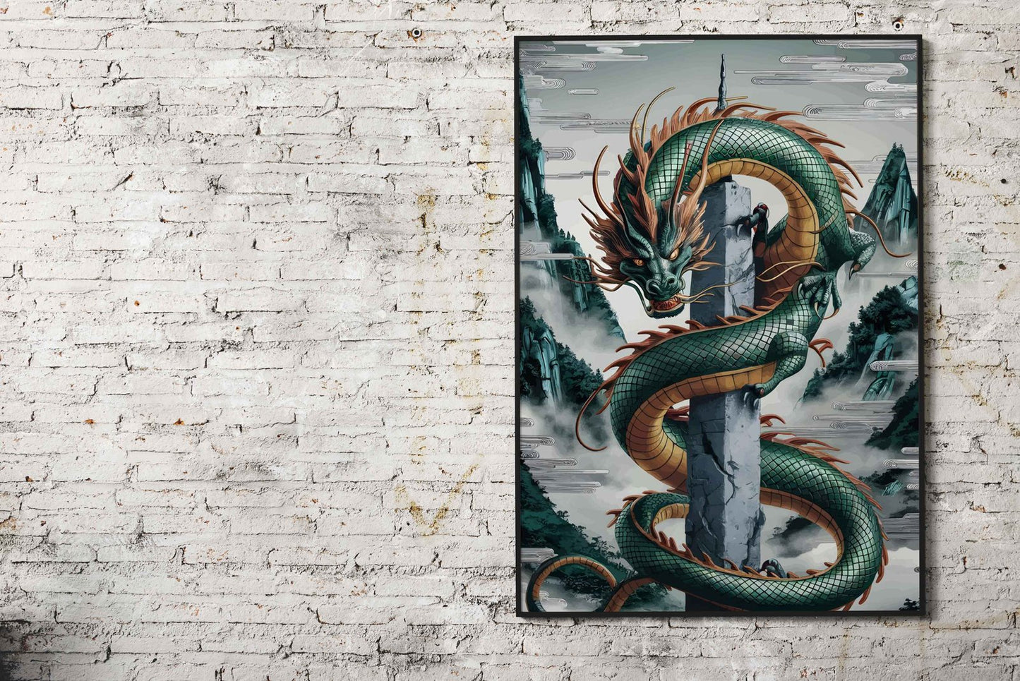 Green Dragon on Pillar Asian Style Poster | Wall Art for Home & Office | High-Quality Print - High-Quality Visual Display