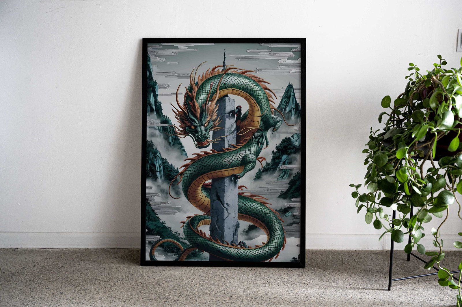 Green Dragon on Pillar Asian Style Poster | Wall Art for Home & Office | High-Quality Print - High-Quality Visual Display