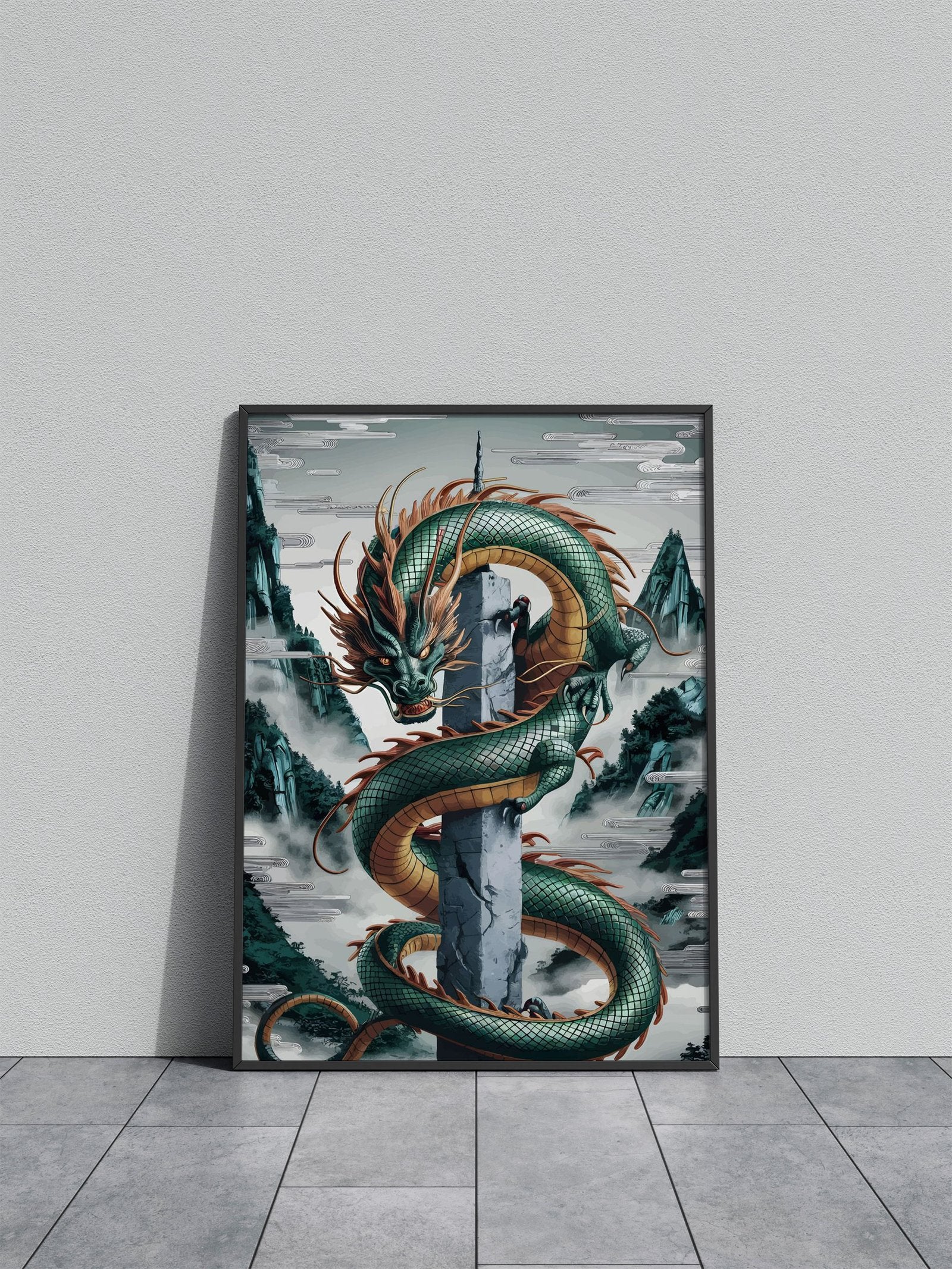 Green Dragon on Pillar Asian Style Poster | Wall Art for Home & Office | High-Quality Print - High-Quality Visual Display