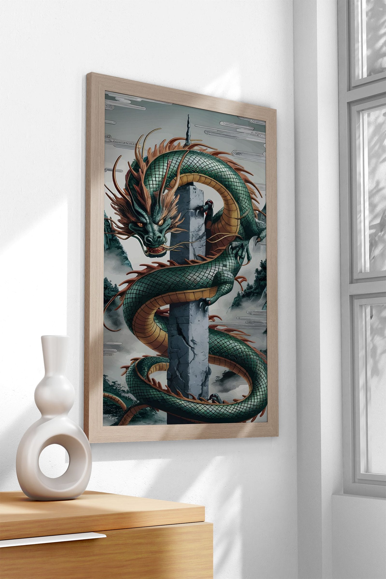 Green Dragon on Pillar Asian Style Poster | Wall Art for Home & Office | High-Quality Print - High-Quality Visual Display