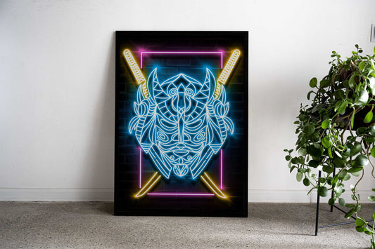 HEAD MASK SAMURAI NEON ART Asian Style Poster | Wall Art for Home & Office | High-Quality Print - High-Quality Visual Display