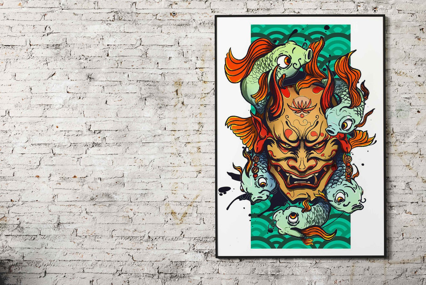 Hannya Mask Koi Pond Japan Asian Style Poster | Wall Art for Home & Office | High-Quality Print
