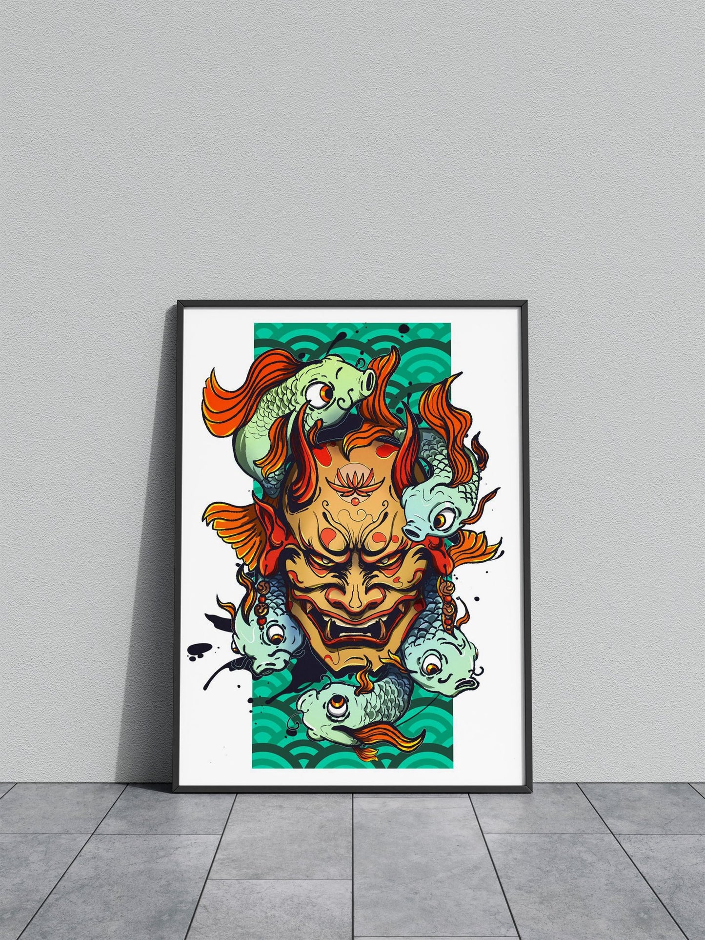 Hannya Mask Koi Pond Japan Asian Style Poster | Wall Art for Home & Office | High-Quality Print