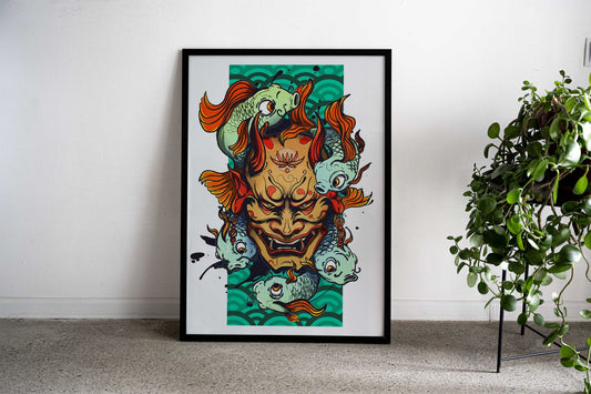 Hannya Mask Koi Pond Japan Asian Style Poster | Wall Art for Home & Office | High-Quality Print - High-Quality Visual Display